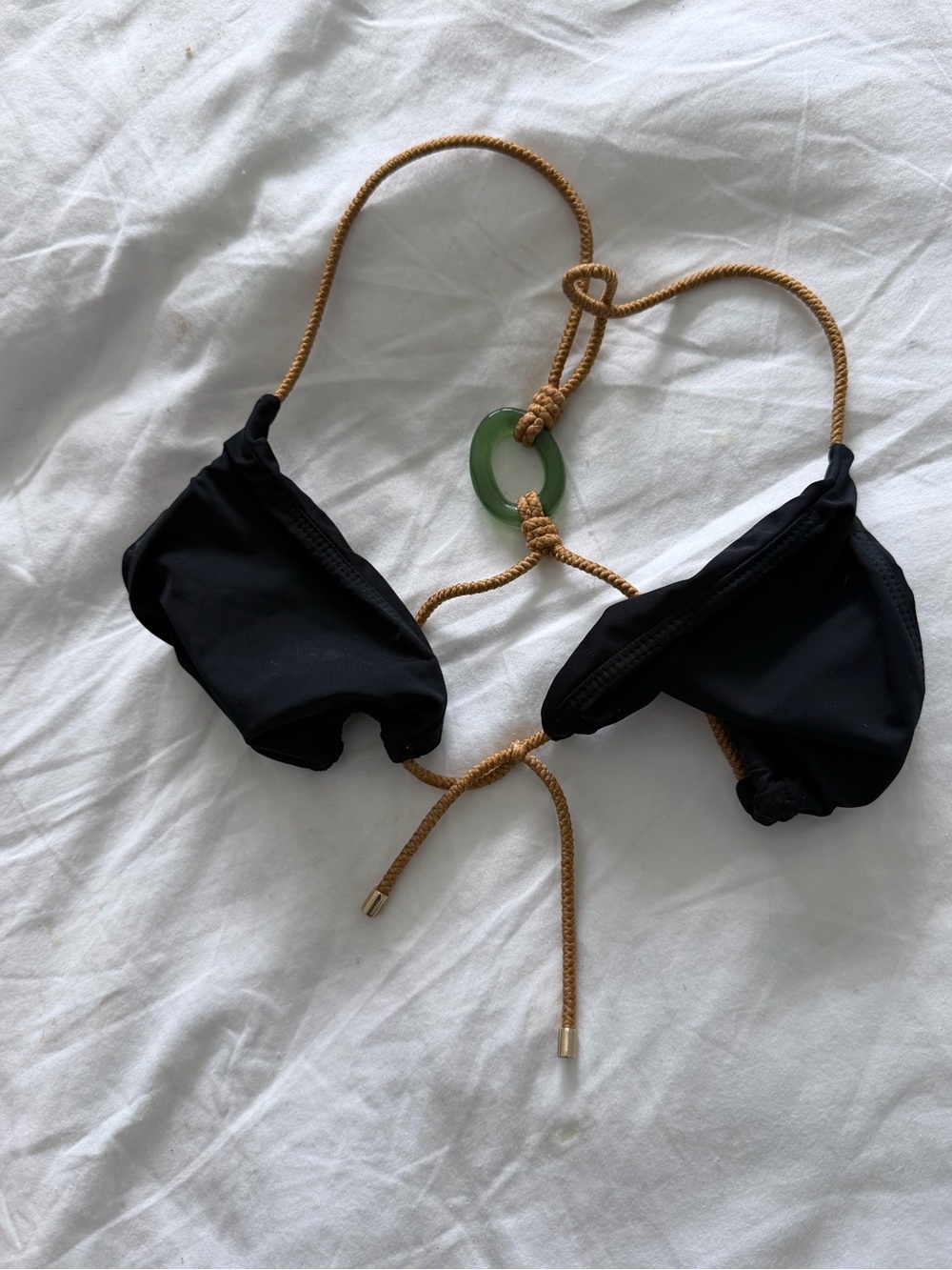 Vix Black Bikini Top with Tan Ties and Green Ring